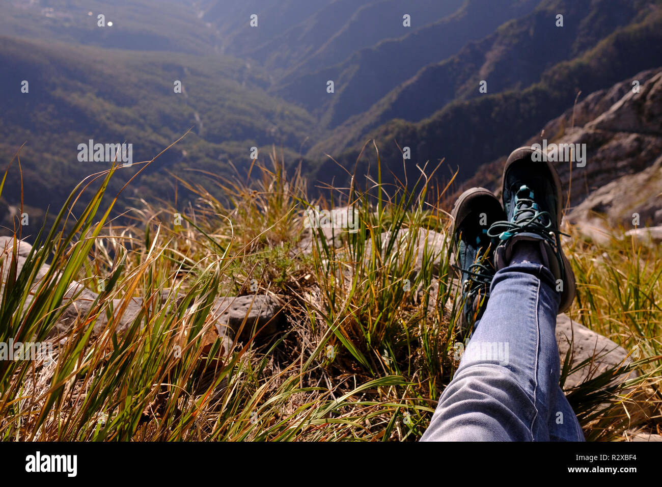Unplugged: hiking on Tuscany montains. Solo woman, Italy. Stock Photo