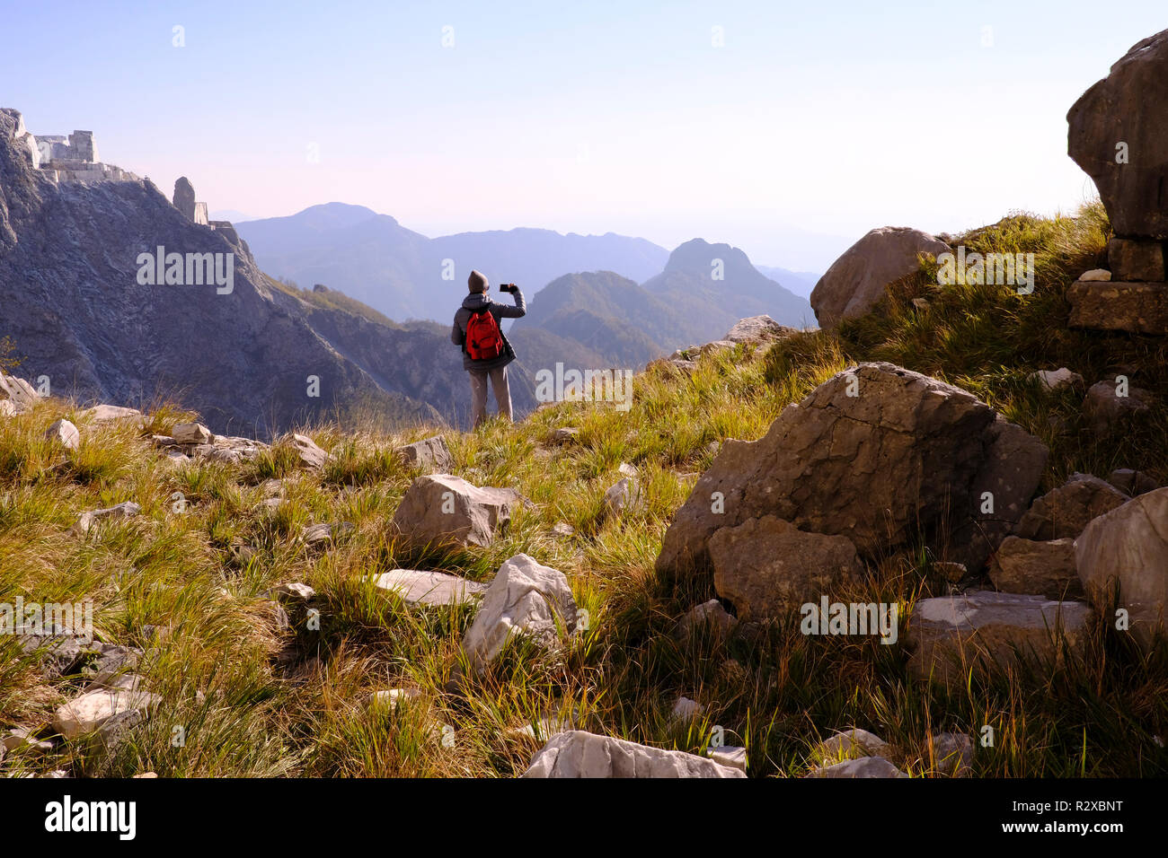 Unplugged: hiking on Tuscany montains. Solo woman, Italy. Stock Photo