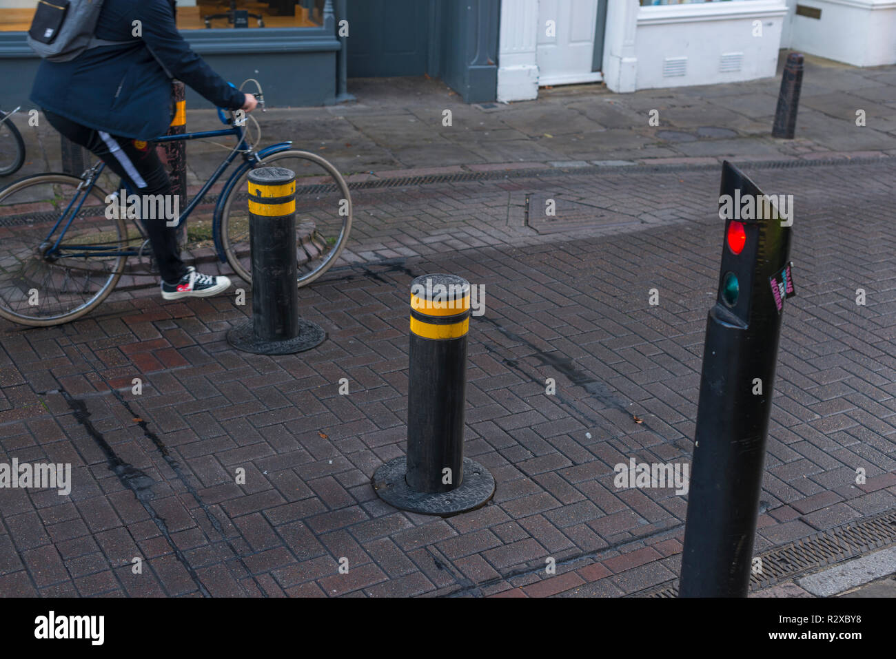 Automatic rising bollards to restrict traffic in Cambridge city centre, Cambridgeshire, England, UK Stock Photo