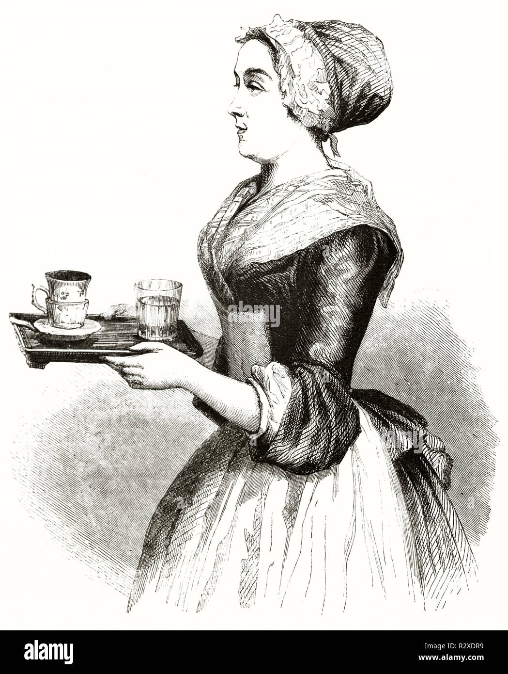 Old engraved reproduction of La Belle Chocolatiere (the chocolate woman), by Jeanne-Etienne Liotard, publ. on Magasin Pittoresque, Paris, 1846 Stock Photo
