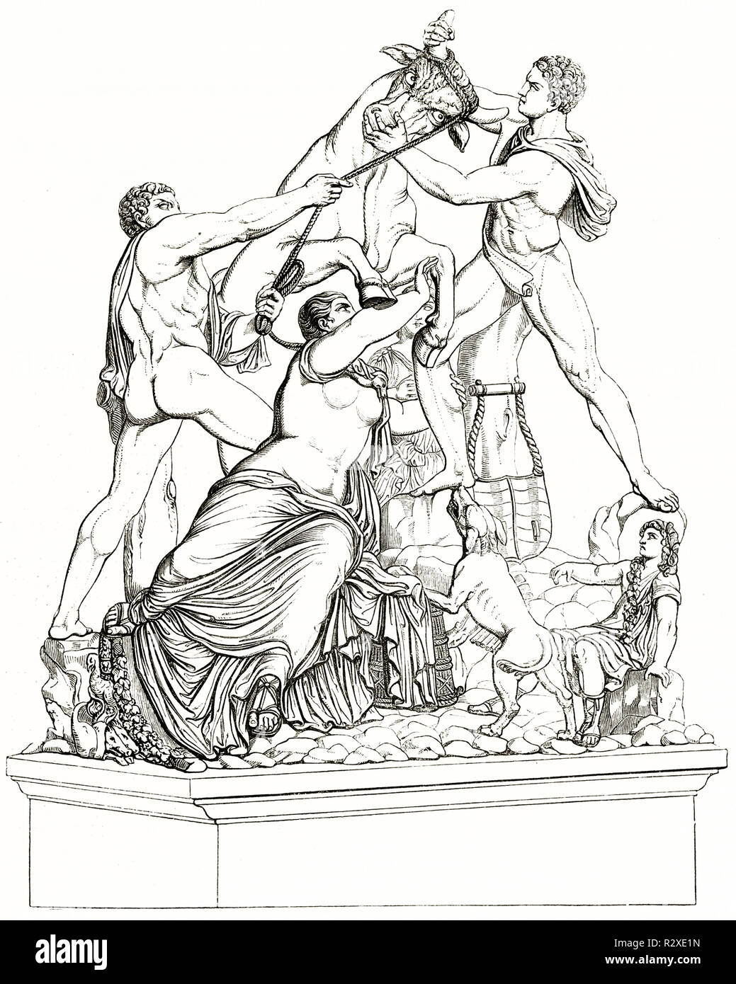 Old reproduction of the Toro Farnese (Farnese Bull) kept in National Archaeological Museum, Naples, Italy. Publ. on Magasin Pittoresque, Paris, 1846 Stock Photo