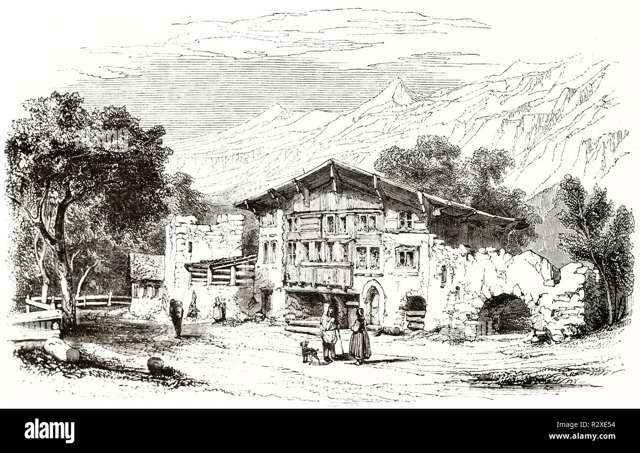 Gessler castle ruins, Amsteg, Switzerland. By unidentified author, publ. on Magasin Pittoresque, Paris, 1846 Stock Photo
