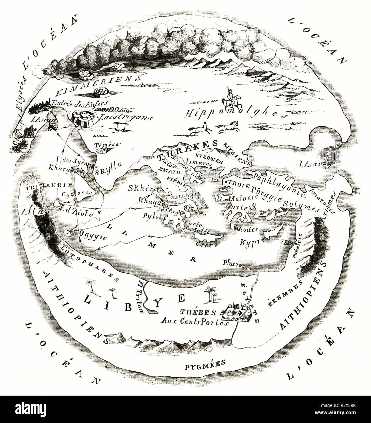 Homer old map (10th century b.C.). By MacCarthy, publ. on Magasin Pittoresque, Paris, 1846 Stock Photo