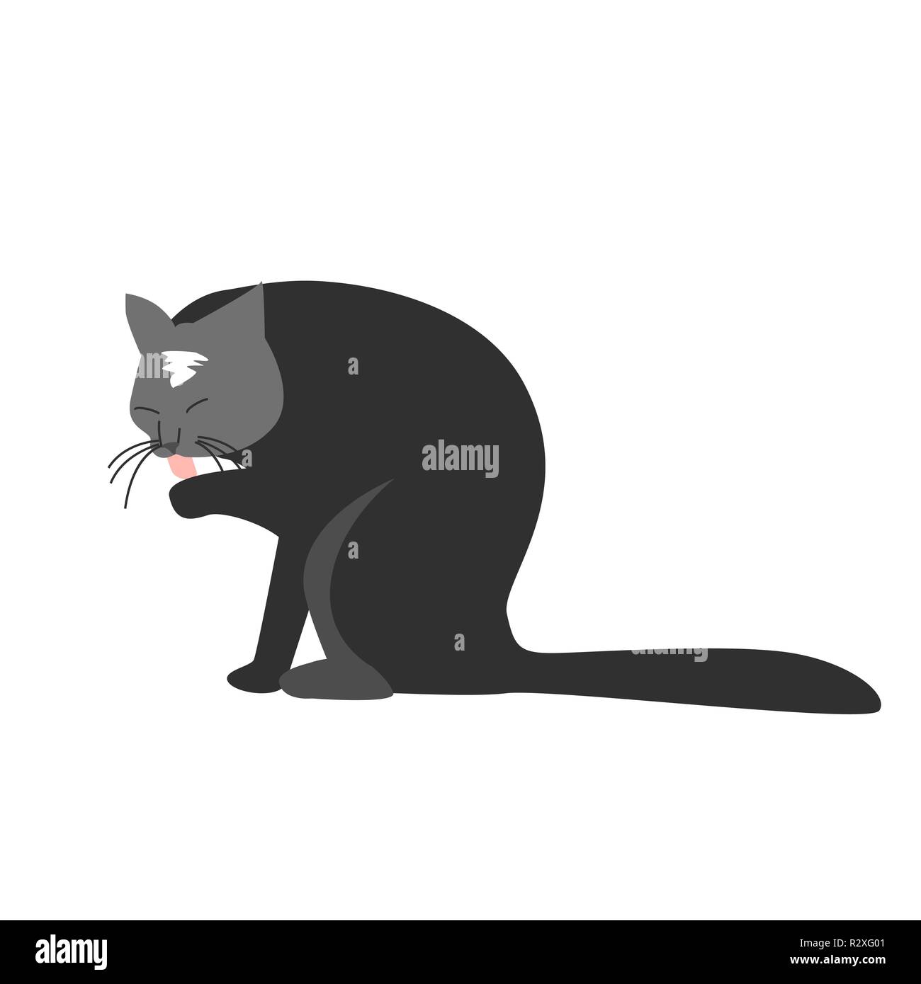 Funny hand drawn black cat is licking its paw. Vector illustration of a cartoon character Stock Vector