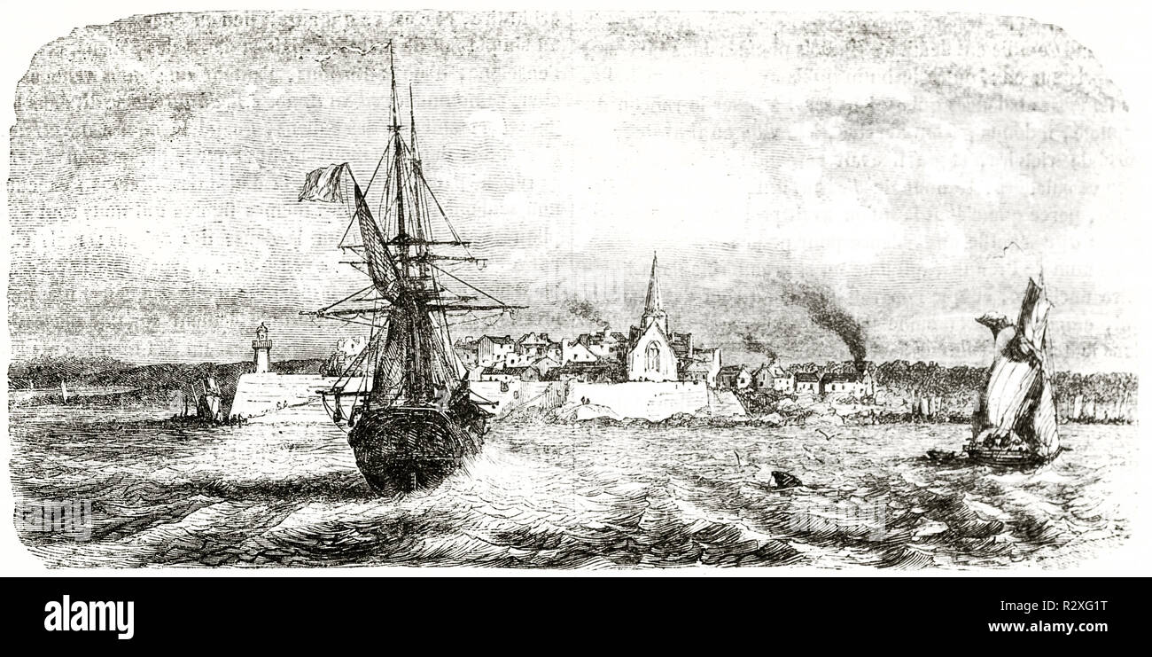 Ancient vessel heading towards Saint-Nazaire in the distance. Frontal view from the sea in retro engraving style by Noel. Magasin Pittoresque 1846. Stock Photo