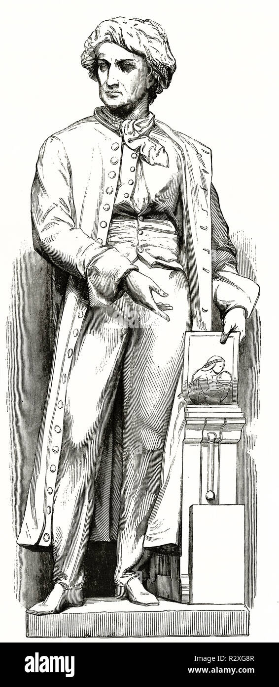 Engraved reproduction of a statue of Alois Senefelder (1771 – 1834), litography inventor. After Maindron, publ. on Magasin Pittoresque, Paris, 1846 Stock Photo