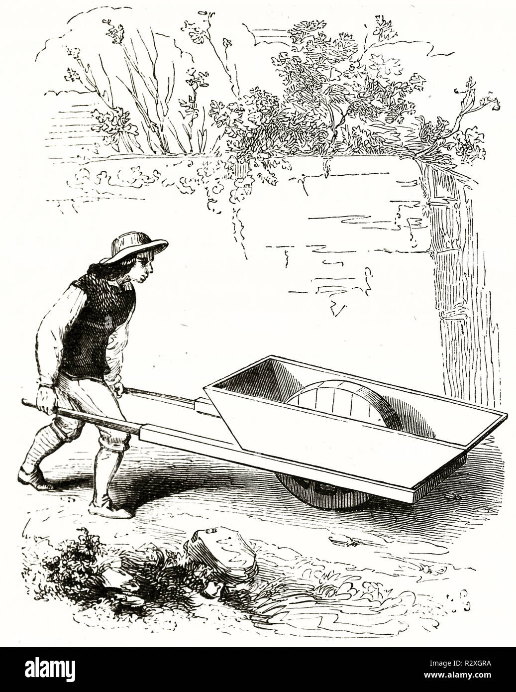 Old illustration of a wooden wheelbarrow. By unidentified author, publ. on Magasin Pittoresque, Paris, 1846 Stock Photo