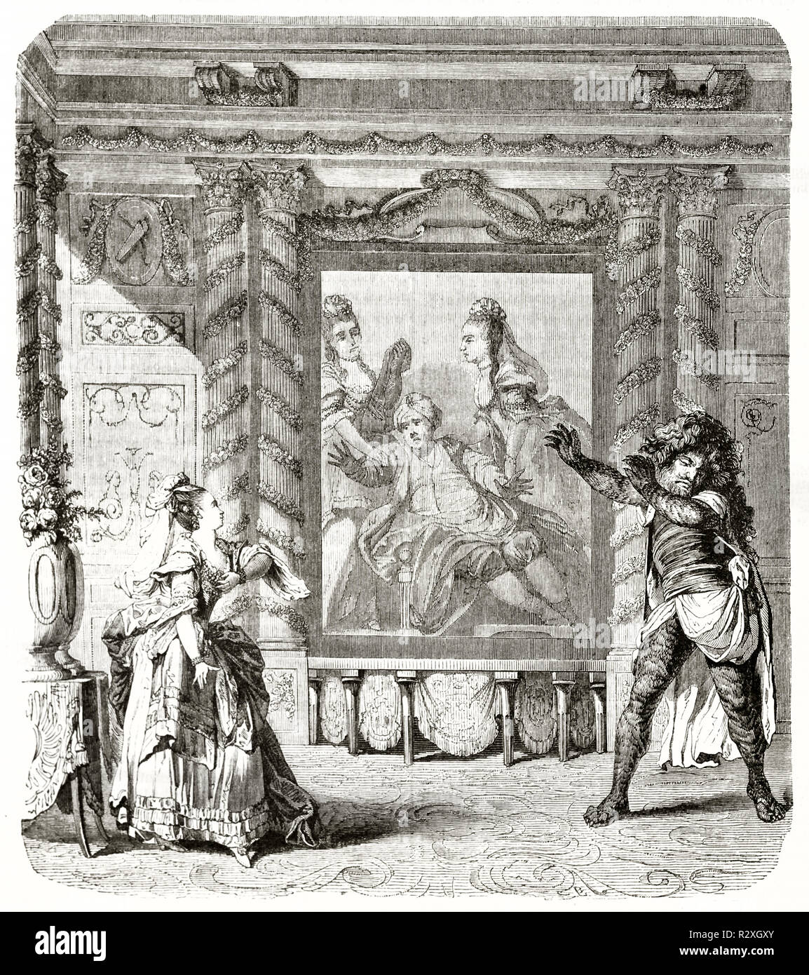 Old Illustration of a scene of Zemine et Azor ballet-opera. vintage etching style art published on Magazine Pittoresque 1771 Stock Photo