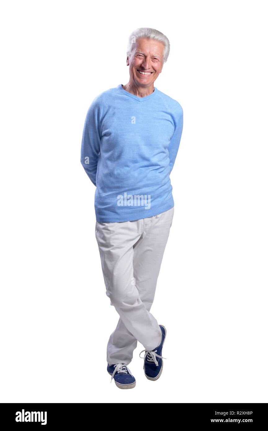 Happy senior man posing on white background Stock Photo - Alamy