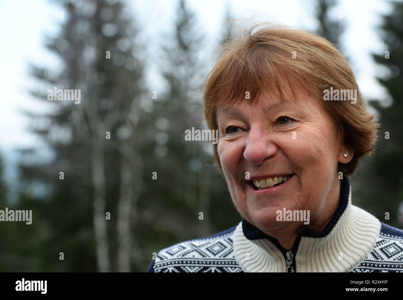 Mayor of Oslo Marianne Borgen speaks to the media before a tree felling ceremony, in Oslo, Norway. Stock Photo
