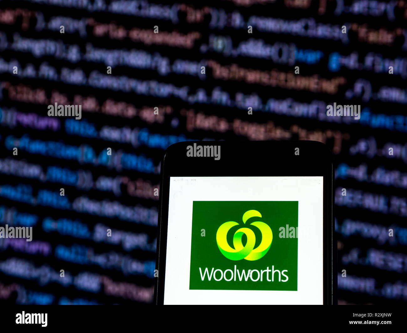 Woolworths Supermarket company logo seen displayed on a smart phone. Woolworths Supermarkets is