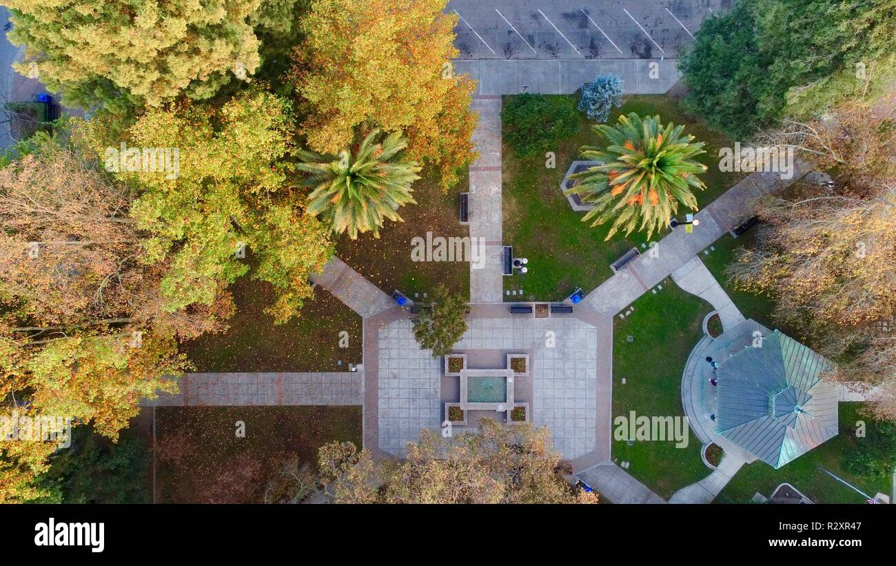 Aerial view of Healdsburg Plaza, downtown square surrounded by art