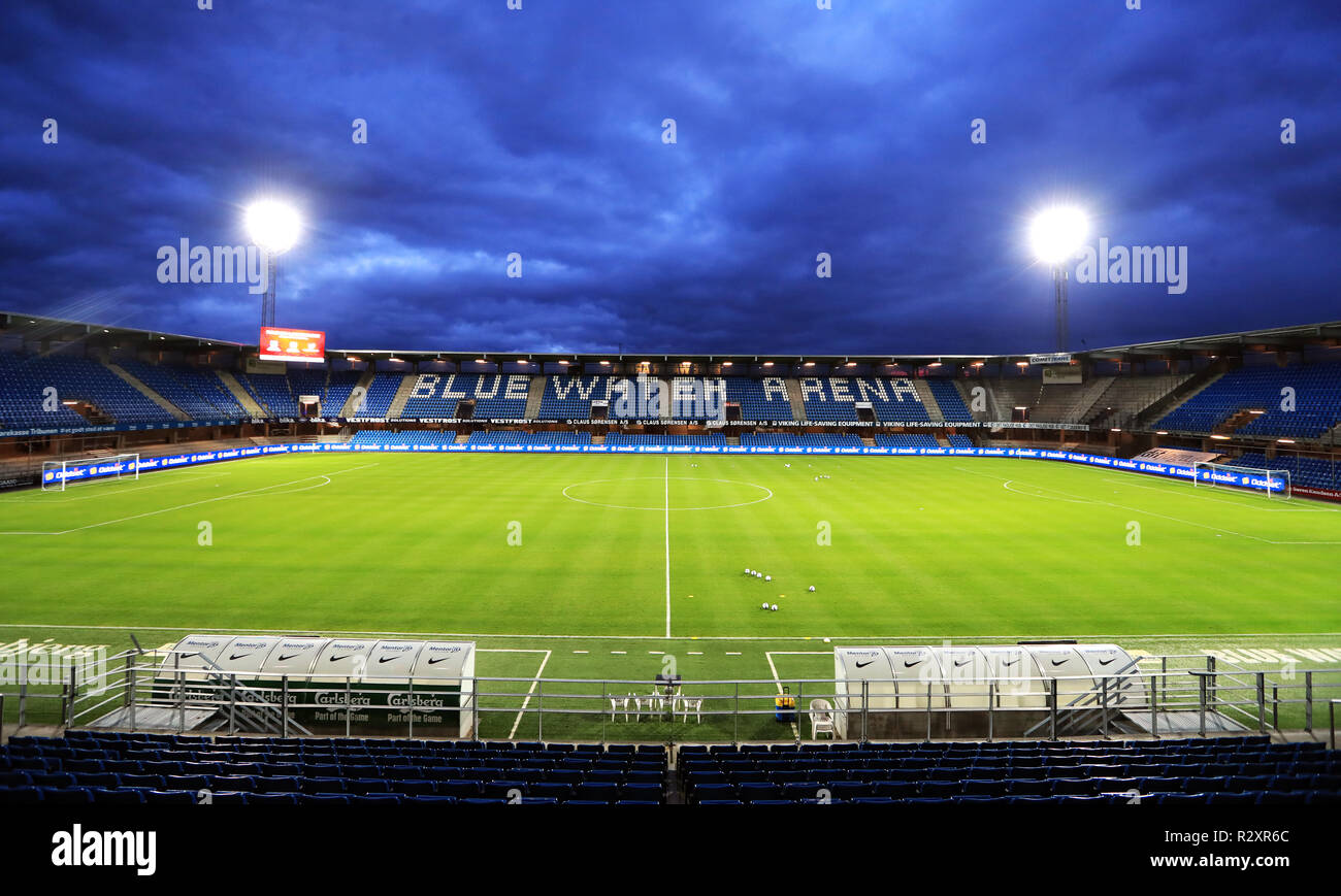 General view of the Blue Water Arena before the international friendly match between Denmark U21 and England U21. Stock Photo