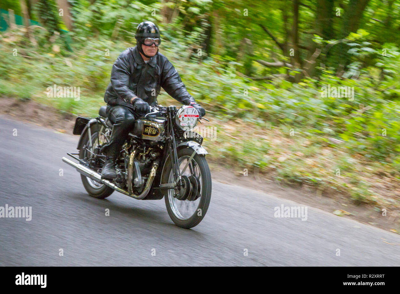 Vintage HRD motorcycle climbs the hill at the annual Kop Hill Climb, Buckinghamshire Stock Photo