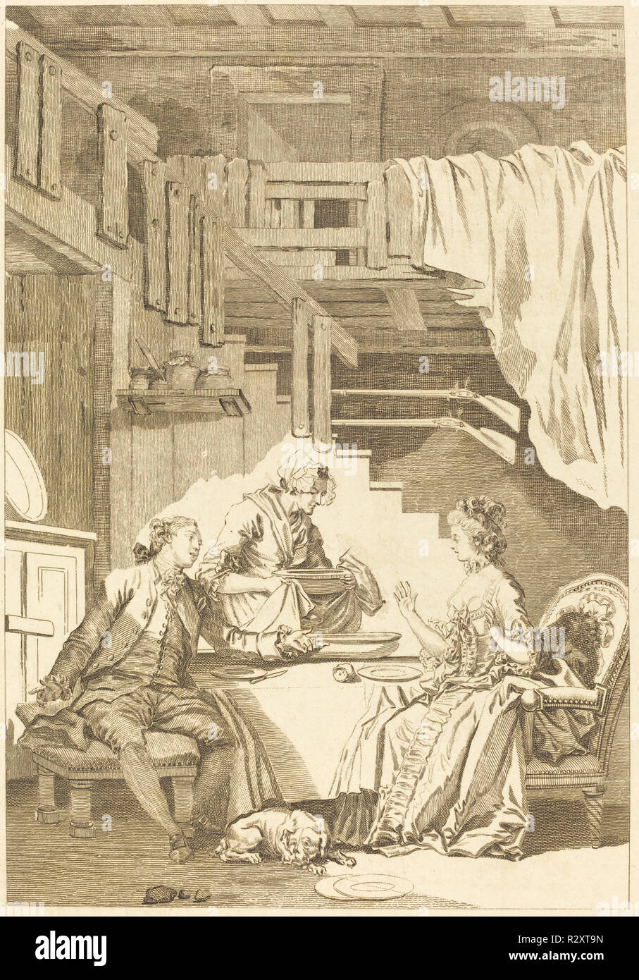 Le faucon. Medium: etching. Museum: National Gallery of Art, Washington DC. Author: Jean Dambrun and Jean-Baptiste Tilliard after Jean-Honoré Fragonard. After Jean Honoré Fragonard. Jean-Baptiste Tilliard. Stock Photo