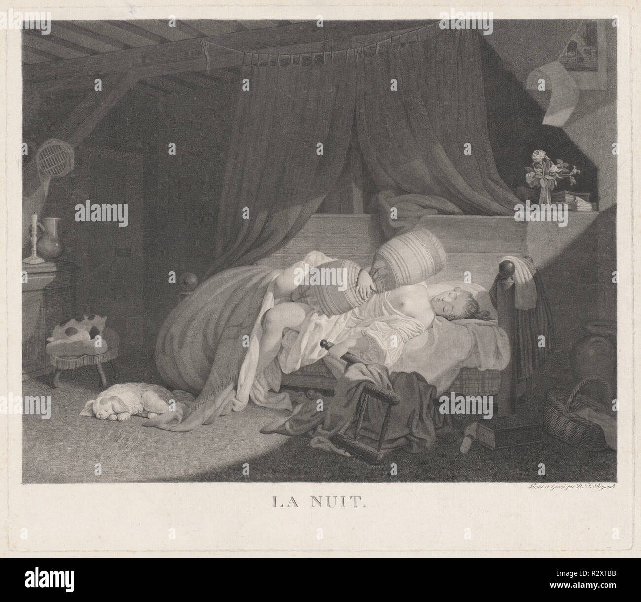 La Nuit (Night). Dated: 1780s. Dimensions: plate: 41.7 × 48 cm (16 7/16 × 18 7/8 in.) sheet: 46 × 55.3 cm (18 1/8 × 21 3/4 in.). Medium: etching and stipple etching on laid paper. Museum: National Gallery of Art, Washington DC. Author: Nicolas Francois Regnault. Stock Photo