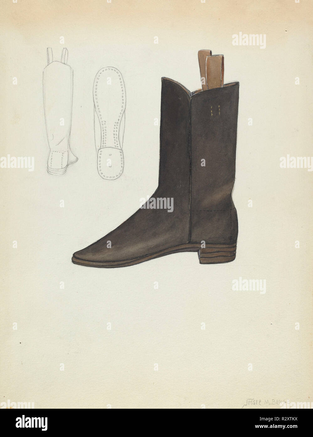 Boy's Boot. Dated: c. 1936. Dimensions: overall: 29.8 x 22.9 cm (11 3/4 x 9 in.). Medium: watercolor, graphite, and pen and ink on paper. Museum: National Gallery of Art, Washington DC. Author: Jessie M. Benge. Stock Photo