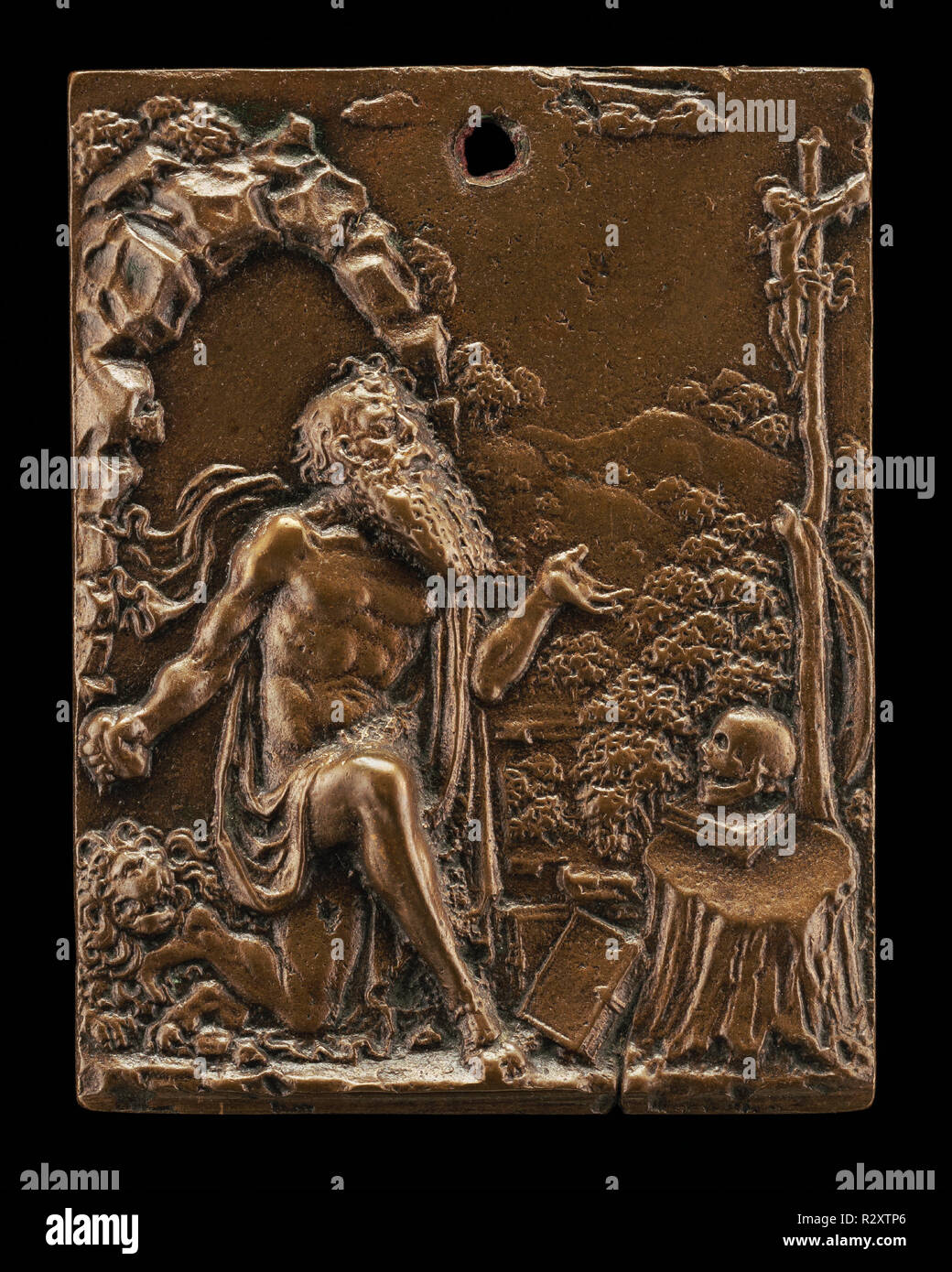 Saint Jerome. Dimensions: overall: 5.7 x 4.4 cm (2 1/4 x 1 3/4 in.) gross weight: 37 gr. Medium: bronze//Light brown patina. Museum: National Gallery of Art, Washington DC. Author: Style of Moderno. Stock Photo