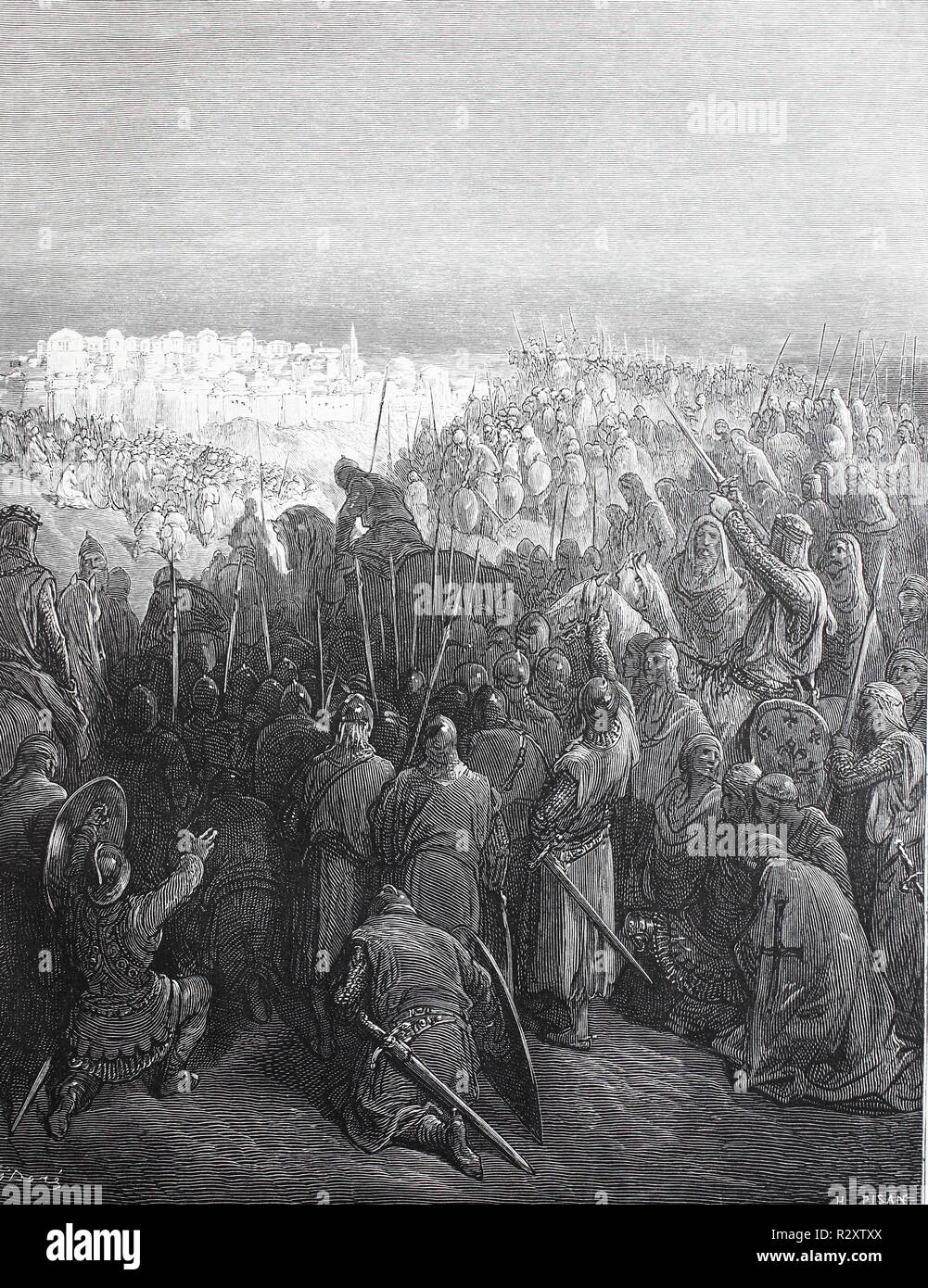 Digital improved reproduction, The knights in sight of the city of Jerusalem, First crusade. Die Kreuzritter im Anblick von Jerusalem, from an original print published in the 19th century Stock Photo