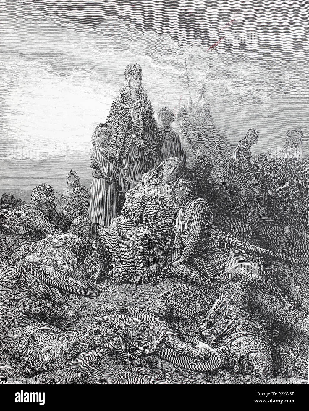 Digital improved reproduction, wounded crusader at the confession, Second crusade, Jerusalem. Der schwer verletzte Ritter bei der Beichte neben einem Priester, from an original print published in the 19th century Stock Photo