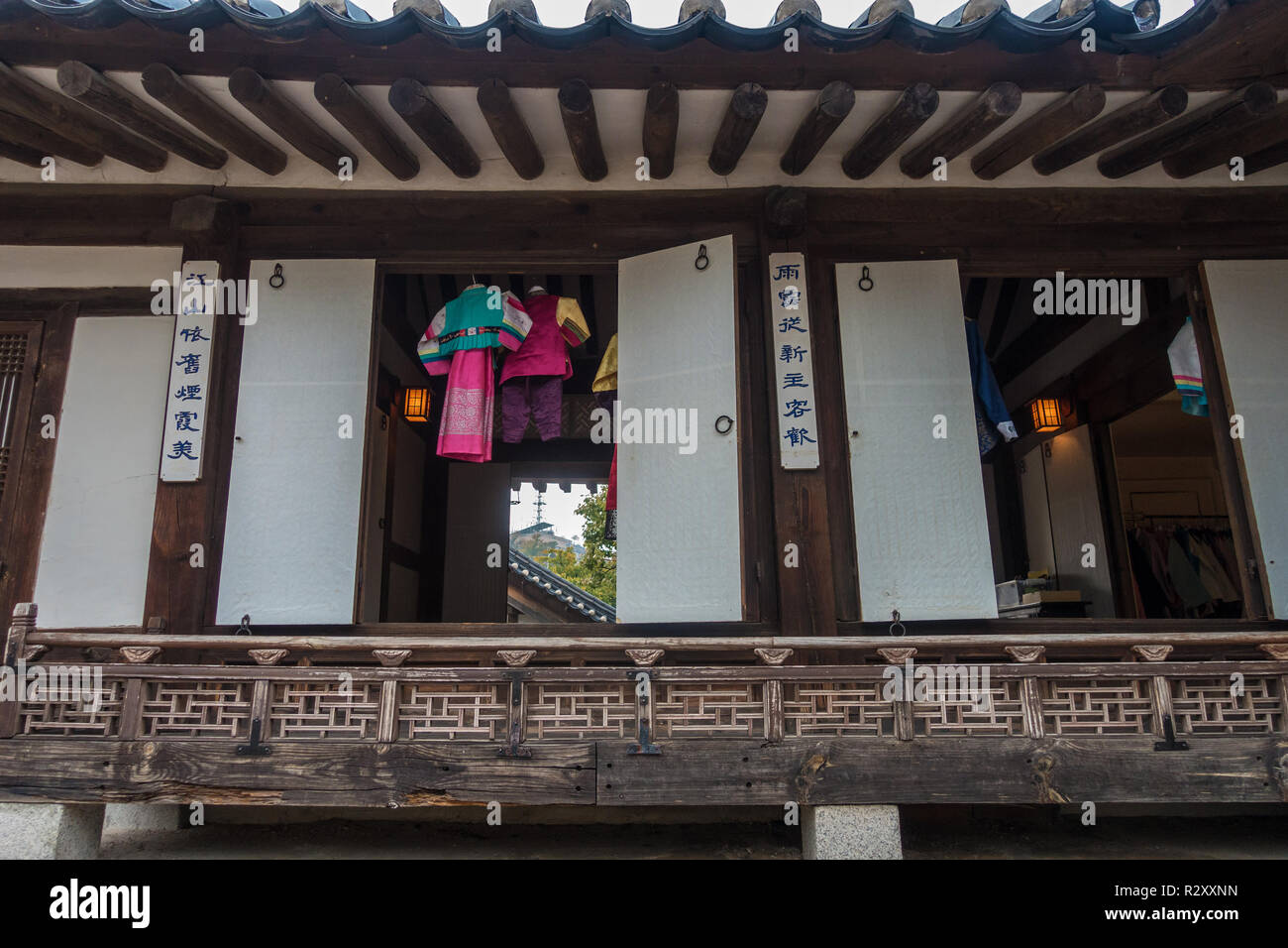 A traditional Korean house at  Namsangol Hanok Village in Seoul, South Korea. Stock Photo