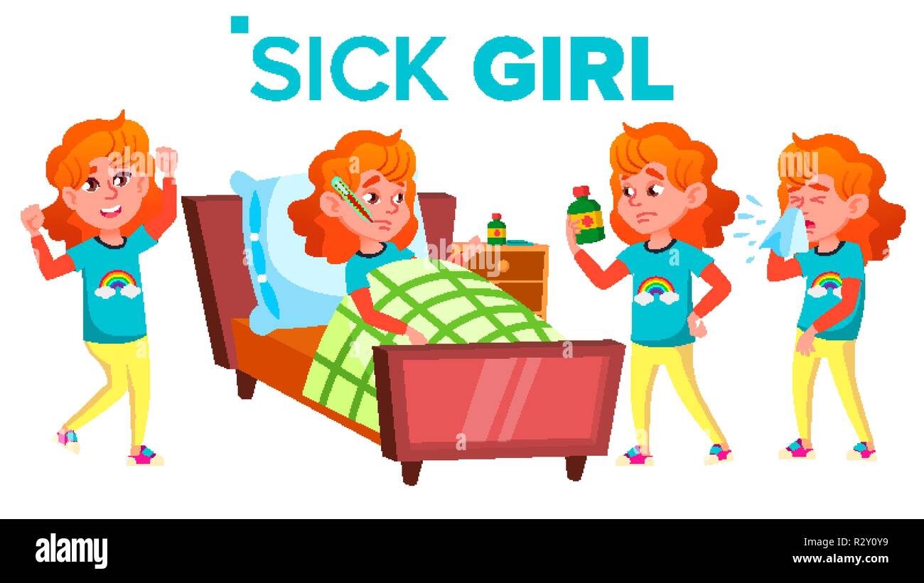 Sick Girl Schoolgirl Vector. Ill Child. Teenage. For , Brochure