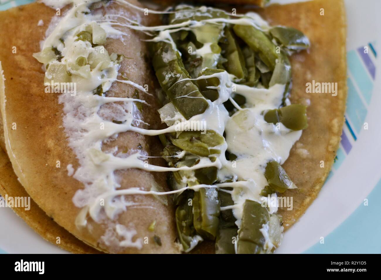 A Nopal (cactus) and Oaxaca cheese quesadilla, traditional Mexican food Stock Photo