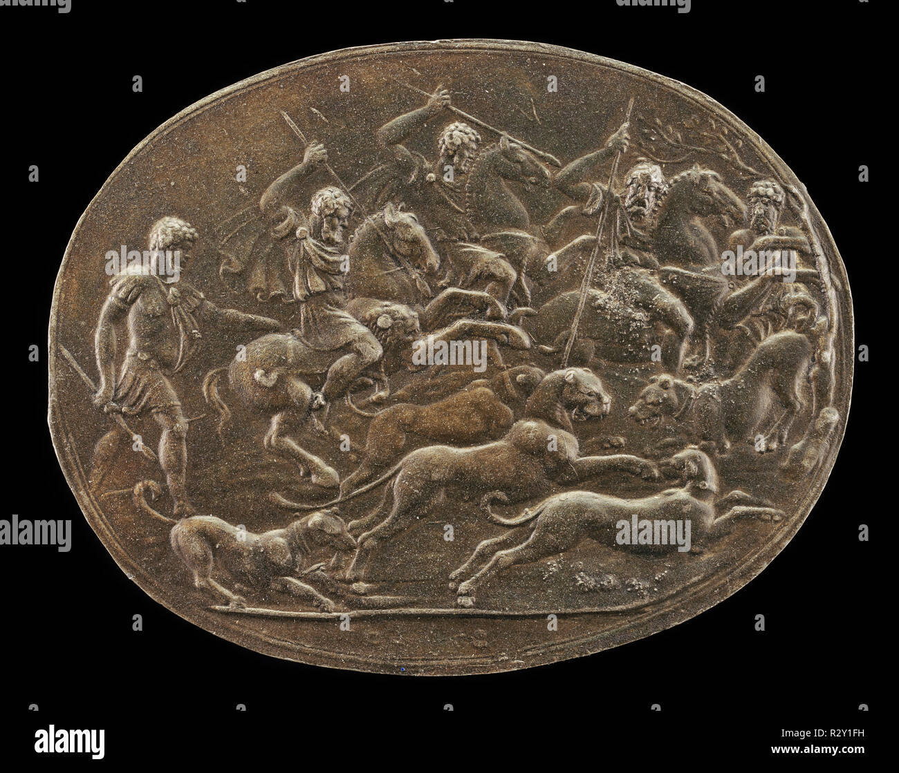 A Panther Hunt. Dimensions: overall (oval): 6.6 x 8.3 cm (2 5/8 x 3 1/4 in.) gross weight: 37 gr. Medium: lead//Very dark brown patina. Museum: National Gallery of Art, Washington DC. Author: GIOVANNI BERNARDI. Stock Photo