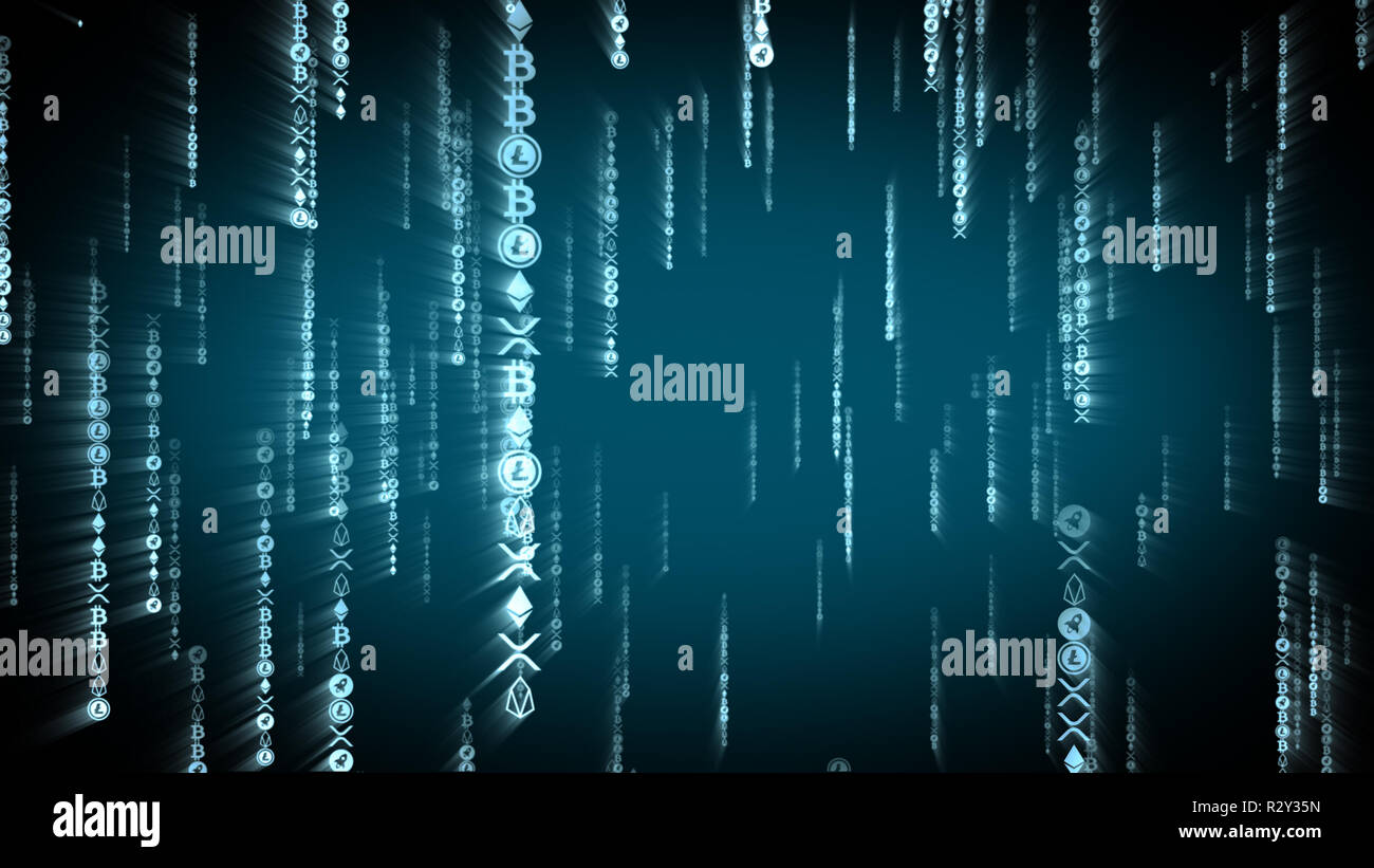 Digital blue crypto coins falling in Matrix style. Blockchain concept Stock Photo