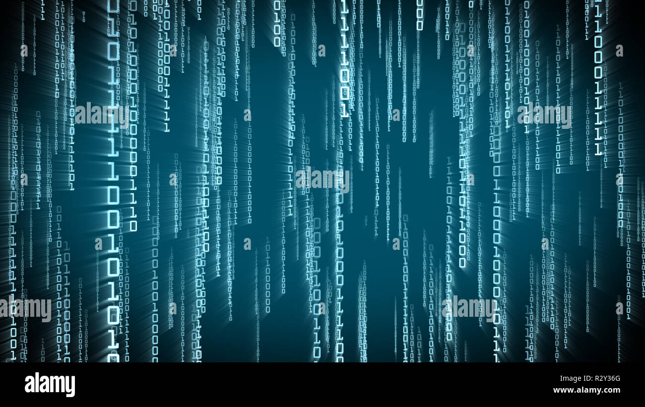 Binary blue particles falling in Matrix. Network digital concept Stock Photo