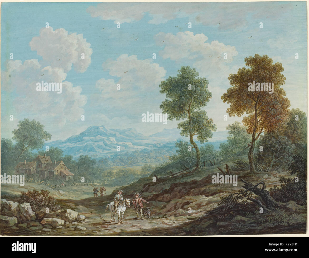 Travelers in a Broad Valley. Dated: c. 1750. Dimensions: overall: 17.3 x 22.6 cm (6 13/16 x 8 7/8 in.). Medium: gouache on prepared parchment. Museum: National Gallery of Art, Washington DC. Author: Johann Christoph Dietzsch. Stock Photo