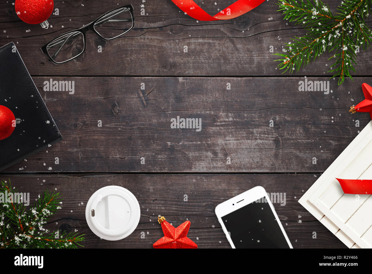 Wooden Table With Christmas Decorations And Accessories Free