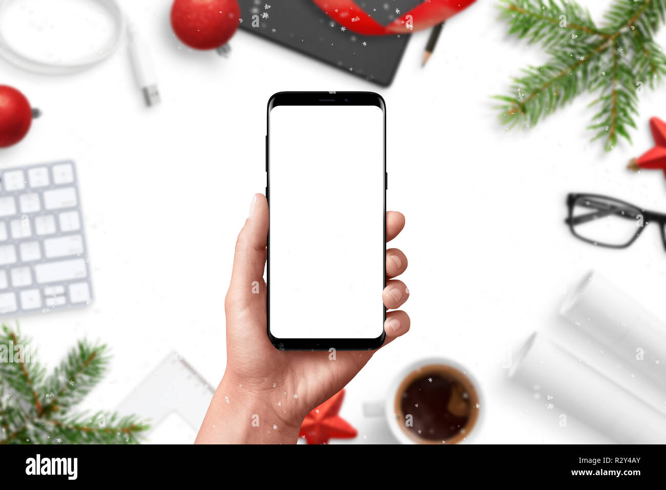 Modern Phone Mockup Hand Holding Smart Phone Christmas
