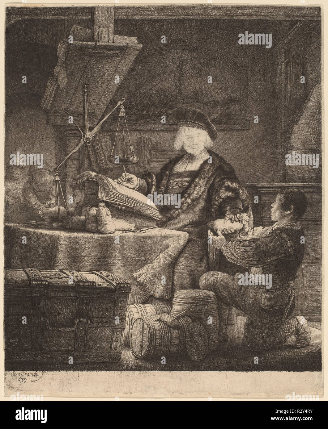 Jan Uytenbogaert, 'The Goldweigher'. Dimensions: plate: 24.6 x 20.2 cm (9 11/16 x 7 15/16 in.)  sheet: 24.8 x 20.4 cm (9 3/4 x 8 1/16 in.). Medium: etching on laid paper. Museum: National Gallery of Art, Washington DC. Author: REMBRANDT, HARMENSZOON VAN RIJN. REMBRANDT HARMENSZOON VAN RIJN. Rembrandt van Rhijn. Stock Photo
