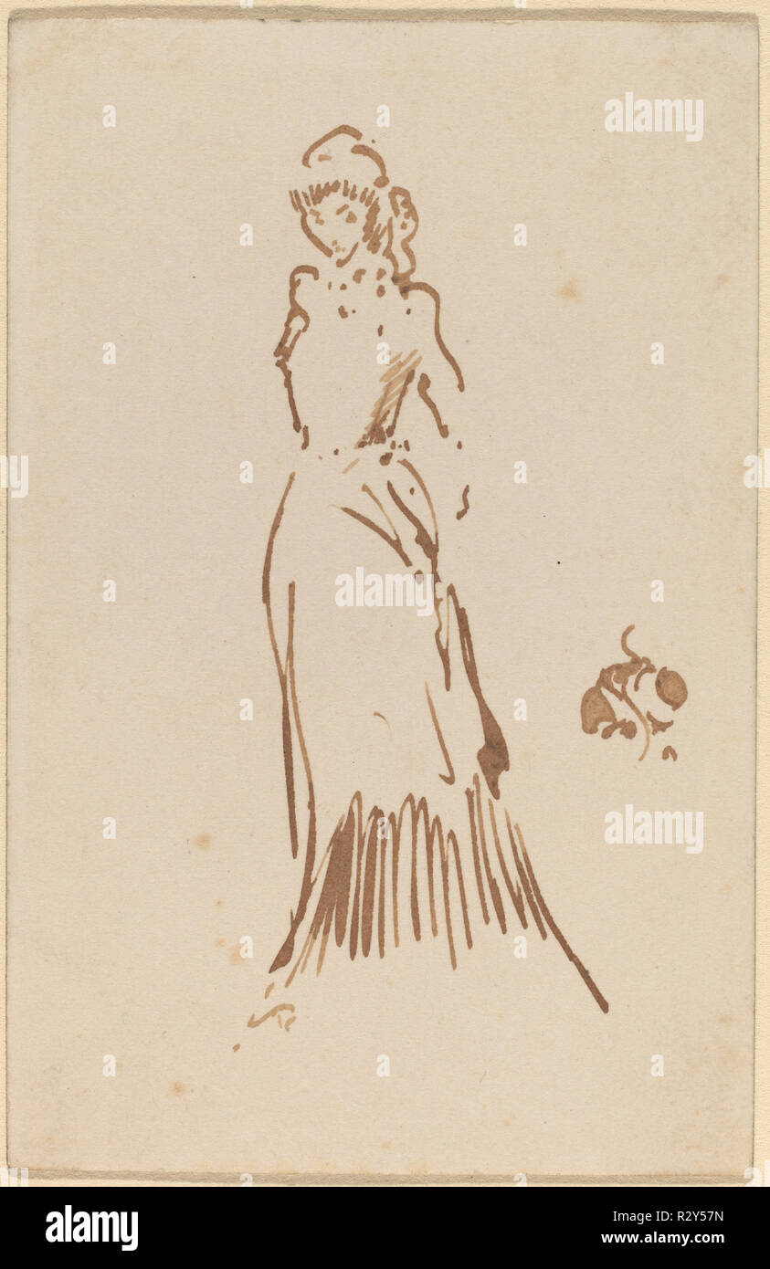 Standing Female Figure. Dated: c. 1883. Dimensions: sheet: 9.3 × 6.1 cm (3 11/16 × 2 3/8 in.). Medium: pen and brown ink on the back of a printed calling card for Mrs. Henry B. Callander, 72, Cadogan Place. Museum: National Gallery of Art, Washington DC. Author: WHISTLER, JAMES ABBOTT MCNEILL. Stock Photo