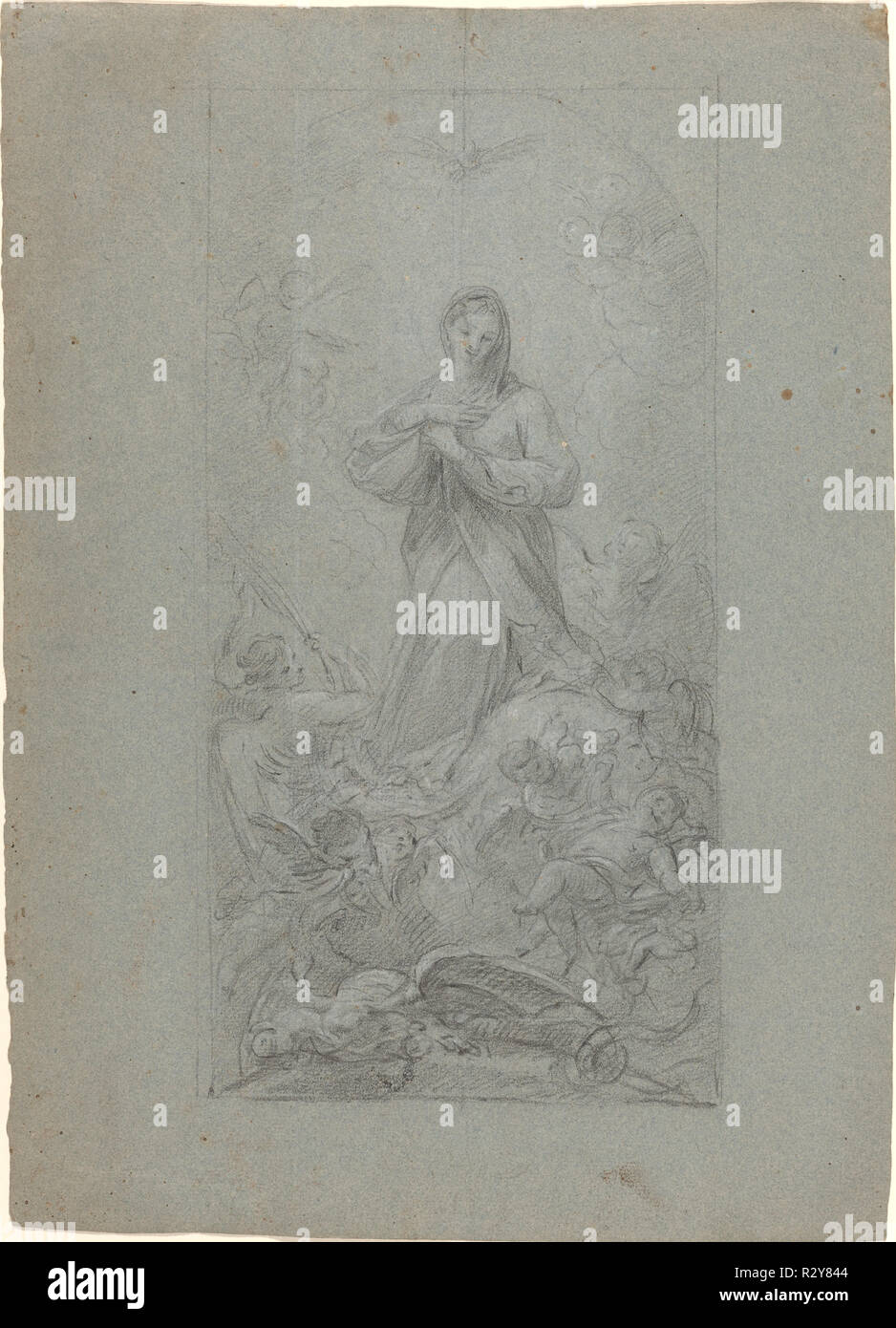 The Virgin Immaculate. Dated: 1726/28?. Dimensions: overall: 40 x 29 cm (15 3/4 x 11 7/16 in.). Medium: black chalk heightened with white on blue paper. Museum: National Gallery of Art, Washington DC. Author: Martino Altomonte. Stock Photo