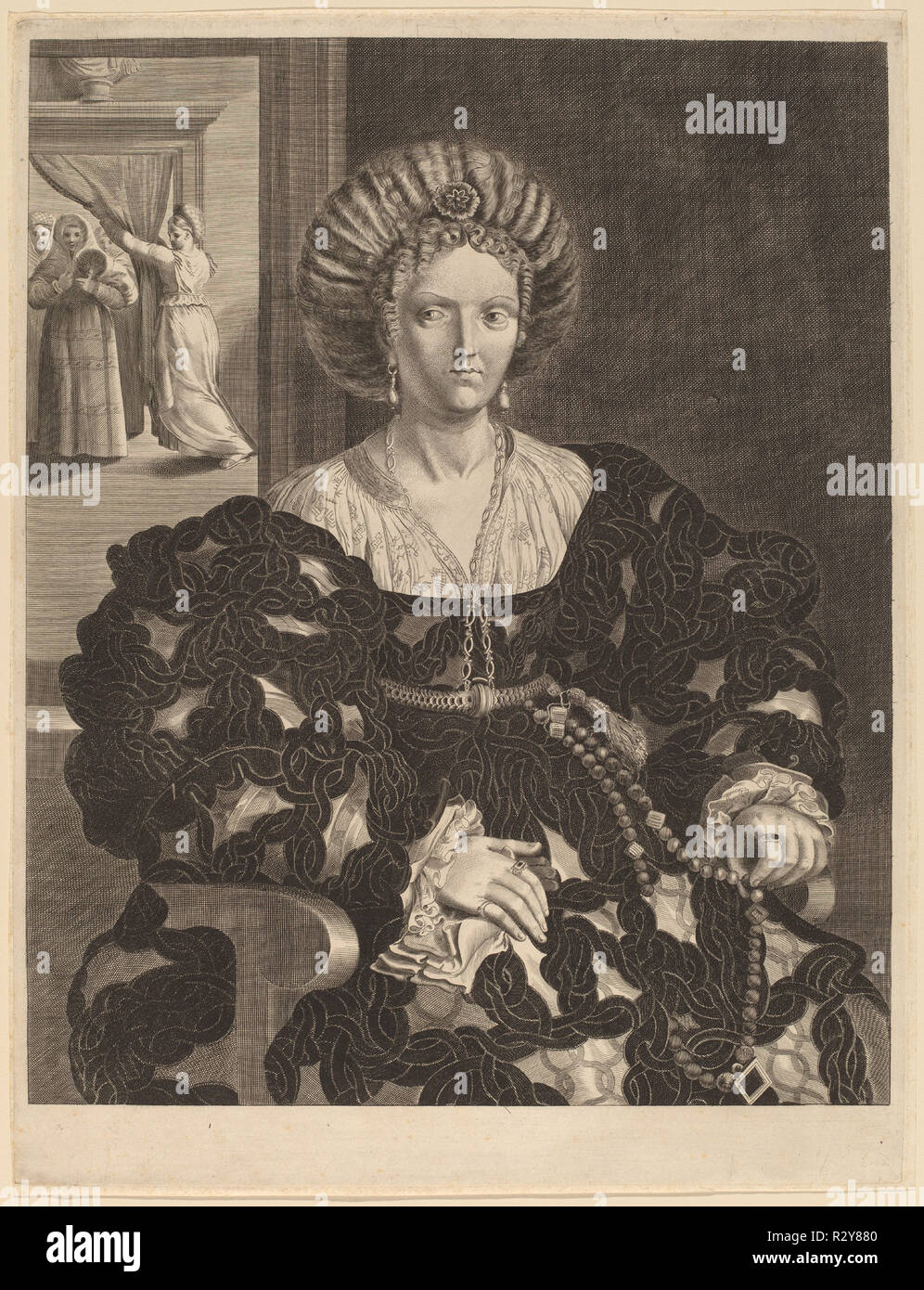 Isabella d'Este. Medium: engraving. Museum: National Gallery of Art, Washington DC. Author: Pieter Holsteyn II after Correggio after Parmigianino. Stock Photo