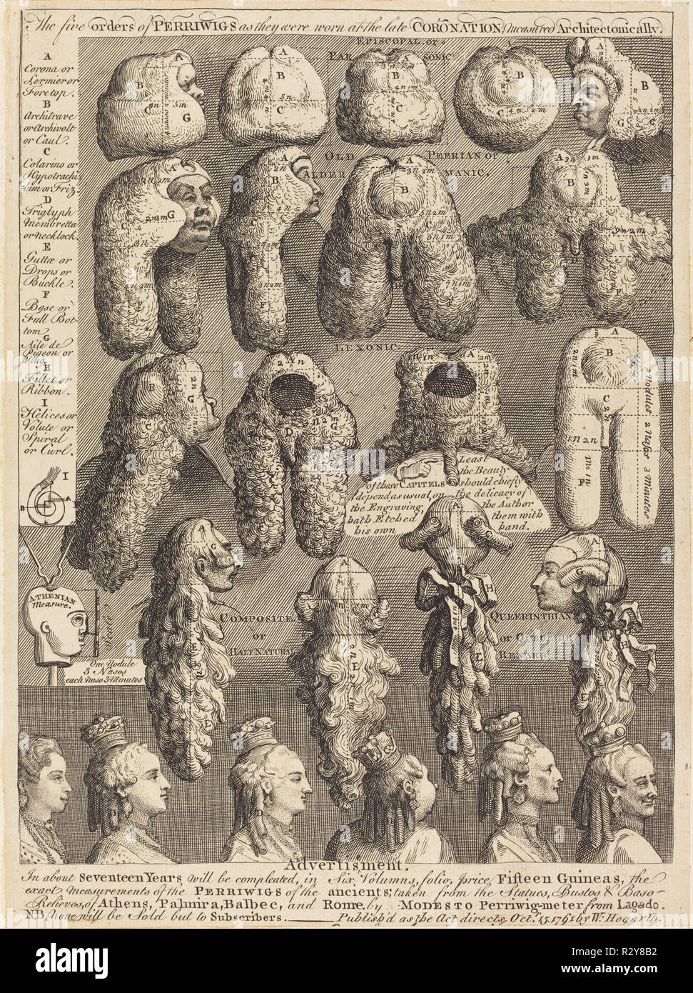 The Five Orders of Perriwigs as They Were Worn at the Late Coronation, Measured Architectonically. Dated: 1761. Dimensions: sheet (trimmed to plate mark): 29.6 x 21.9 cm (11 5/8 x 8 5/8 in.). Medium: etching. Museum: National Gallery of Art, Washington DC. Author: William Hogarth. Stock Photo