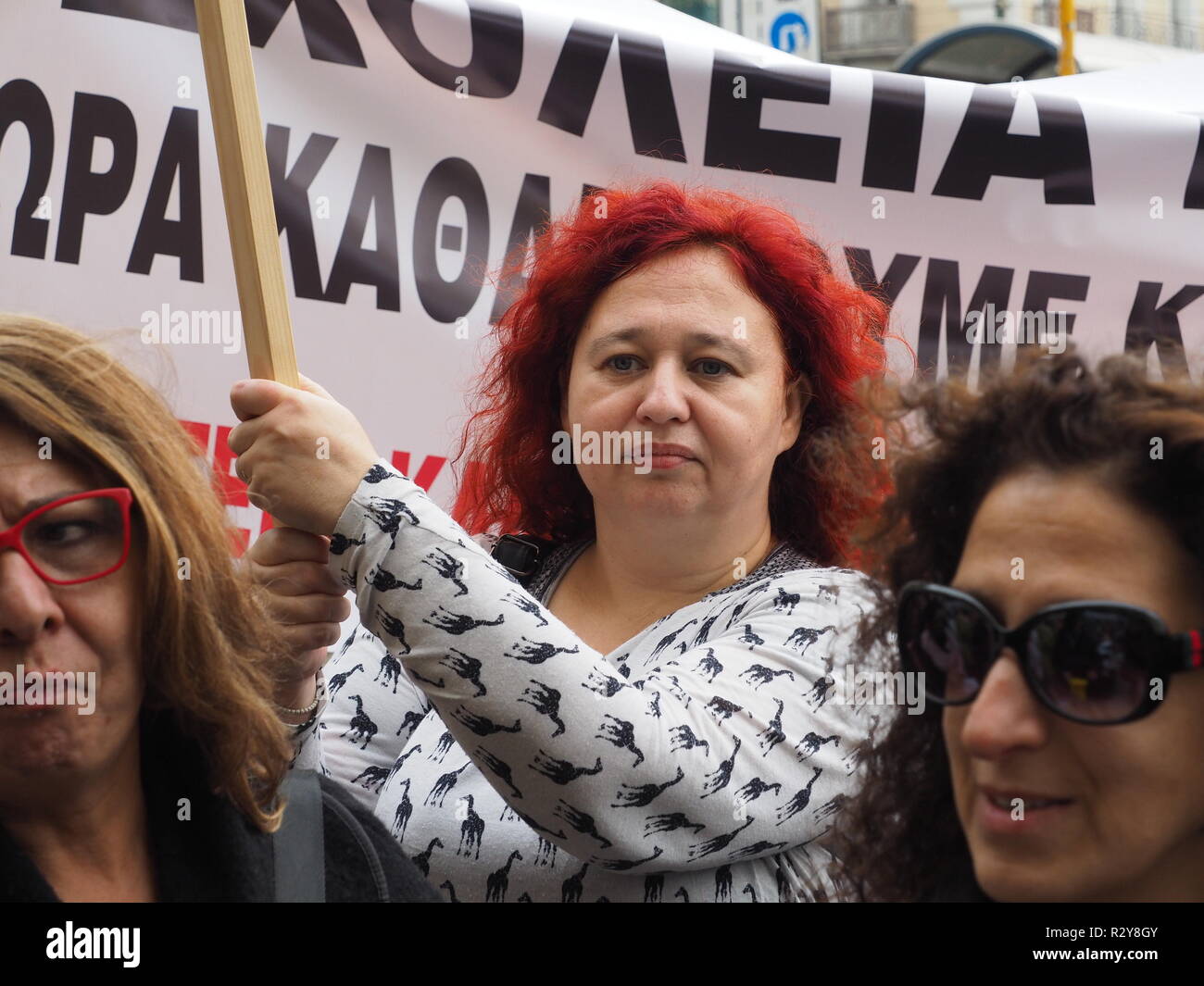 School cleaners from all over Athens demonstratein front of the minisry