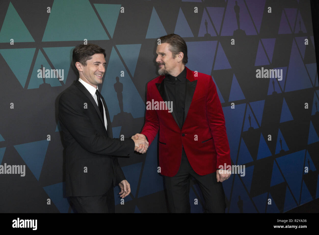 Topher Grace and Ethan Hawke attends the Academy’s 2018 Annual Governors Awards in The Ray Dolby Ballroom at Hollywood & Highland Center in Hollywood, CA, on Sunday, November 18, 2018. Stock Photo