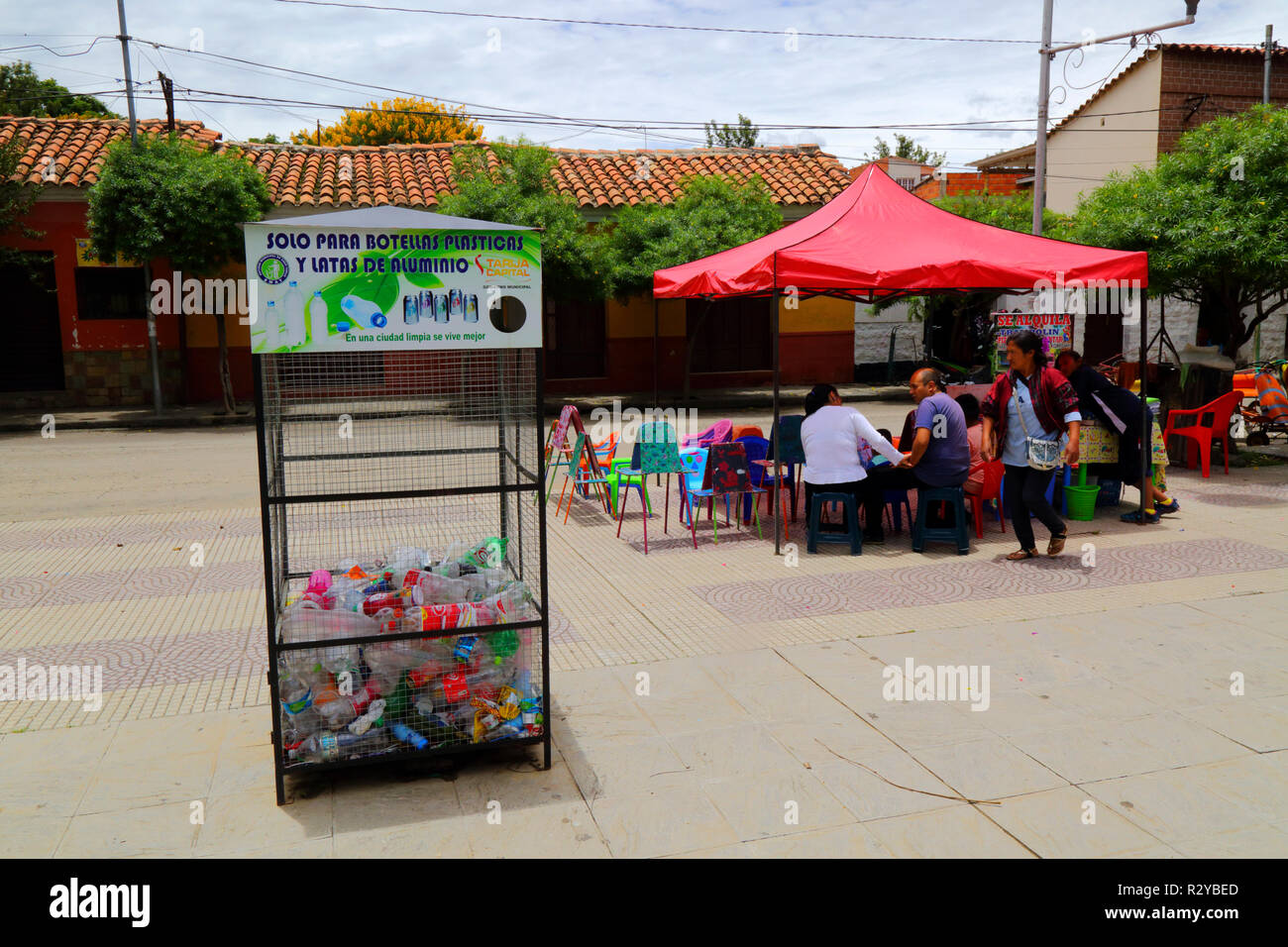 Recycling point for plastic bottles and aluminium cans, Tarija, Bolivia Stock Photo