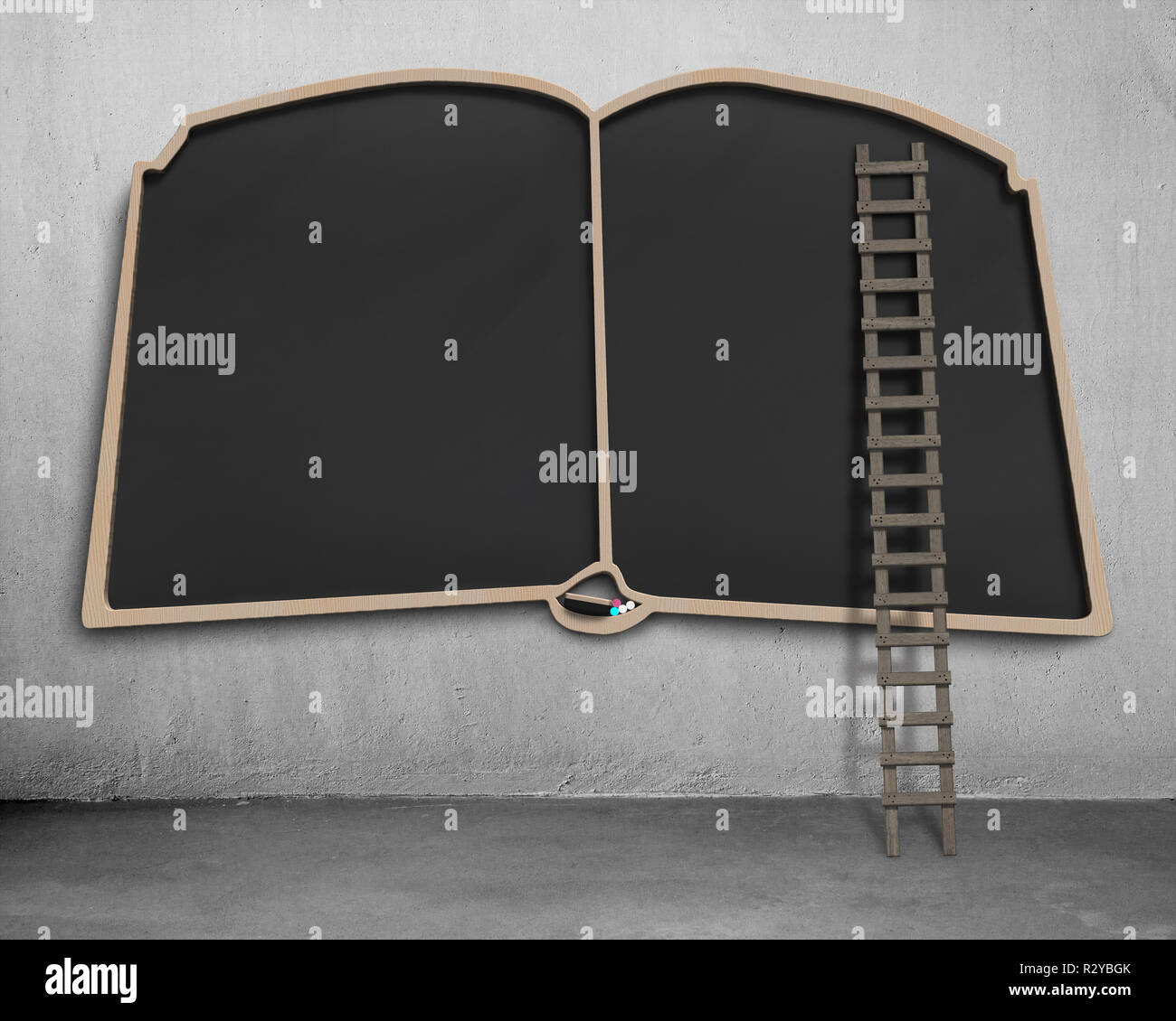 Large blank blackboard in book shape with wooden ladder Stock Photo
