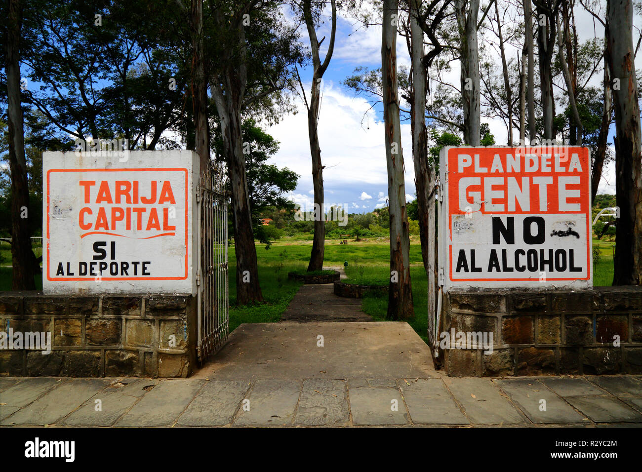 Yes to sport, no to alcohol slogans on entrance to sports ground, Tarija, Bolivia Stock Photo