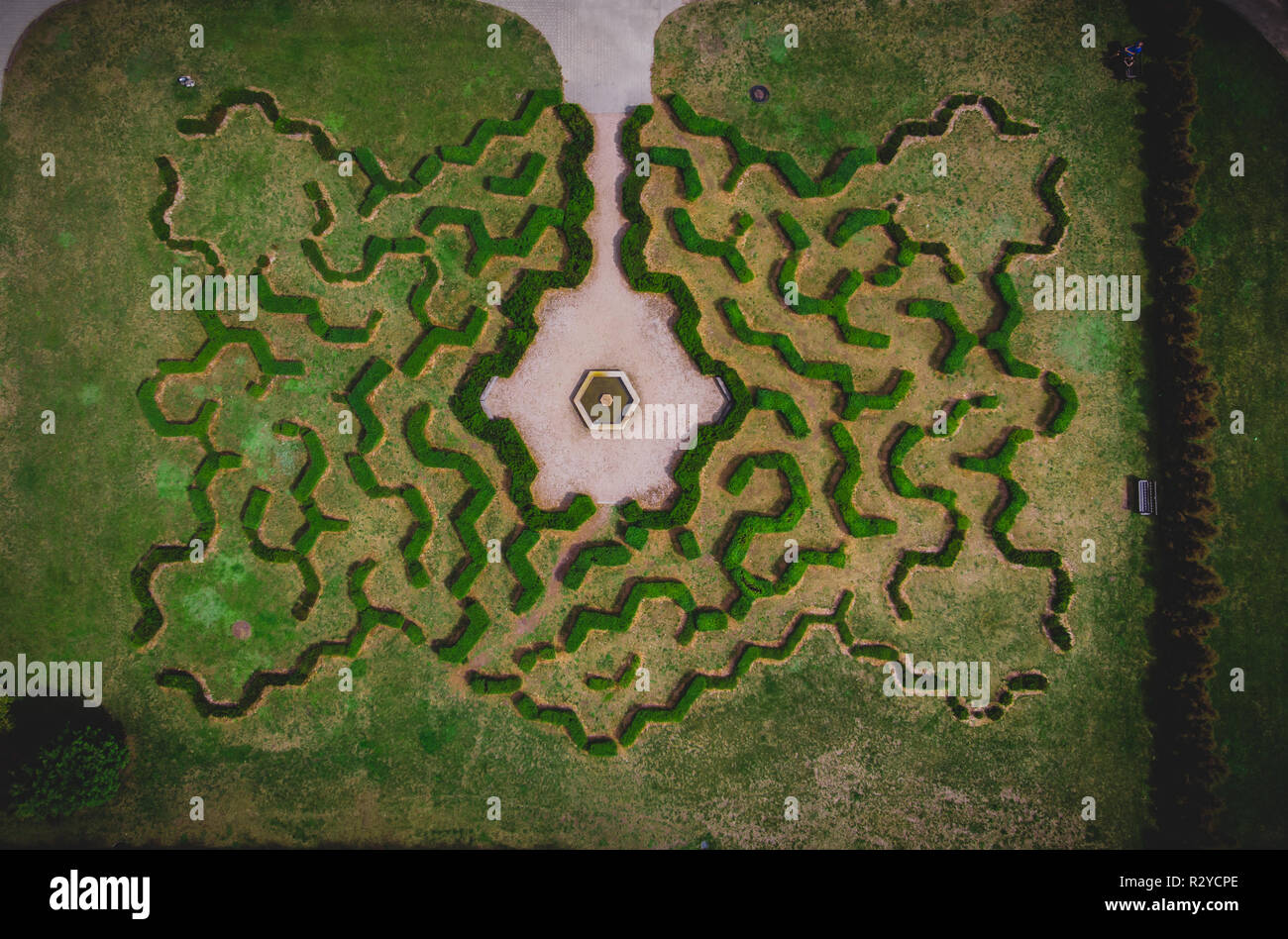 Top view of symmetrical historic european haze labyrinth. Stock Photo