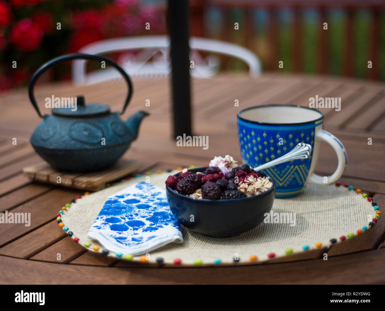 tea and yogurt morning breakfast on deck Stock Photo Alamy
