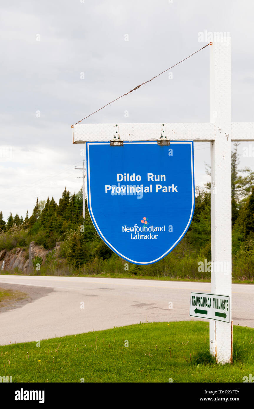 A sign for the unusual named Dildo Run Provincial Park in Newfoundland, Canada Stock Photo