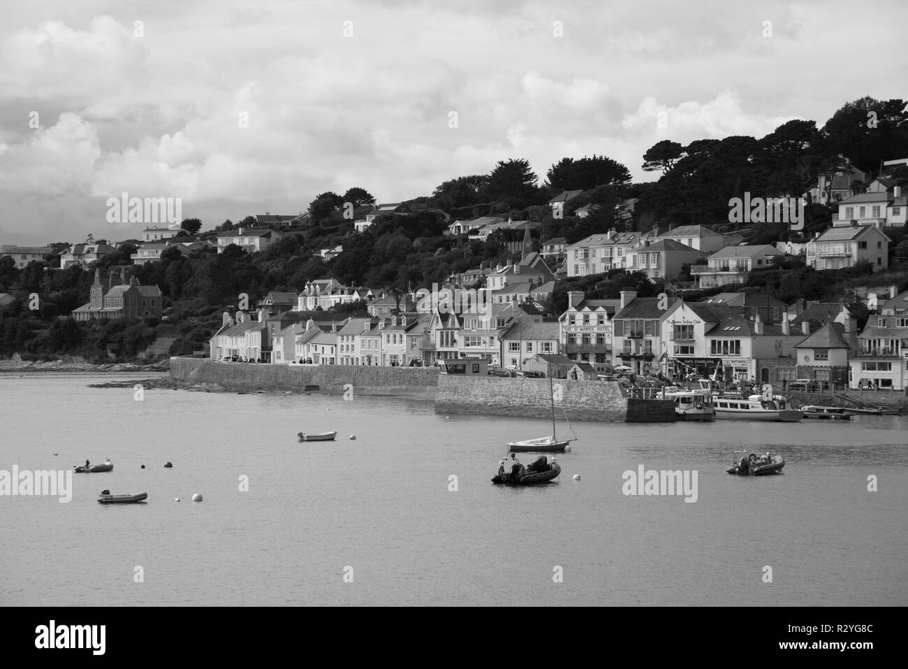 Black and white photo of the Cornish village of St. Mawes, Roseland Peninsula, Cornwall, England, UK Stock Photo