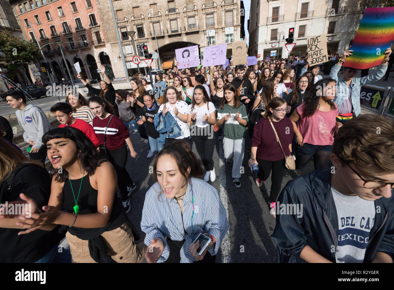 young group of students demonstrate in center city street, Palma de Mallorca,  people Stock Photo - Alamy