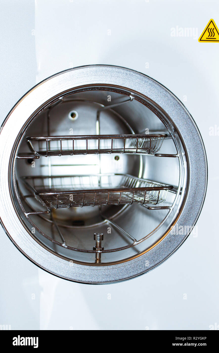 Sterilizing medical instruments in autoclave. Equipment for sterile