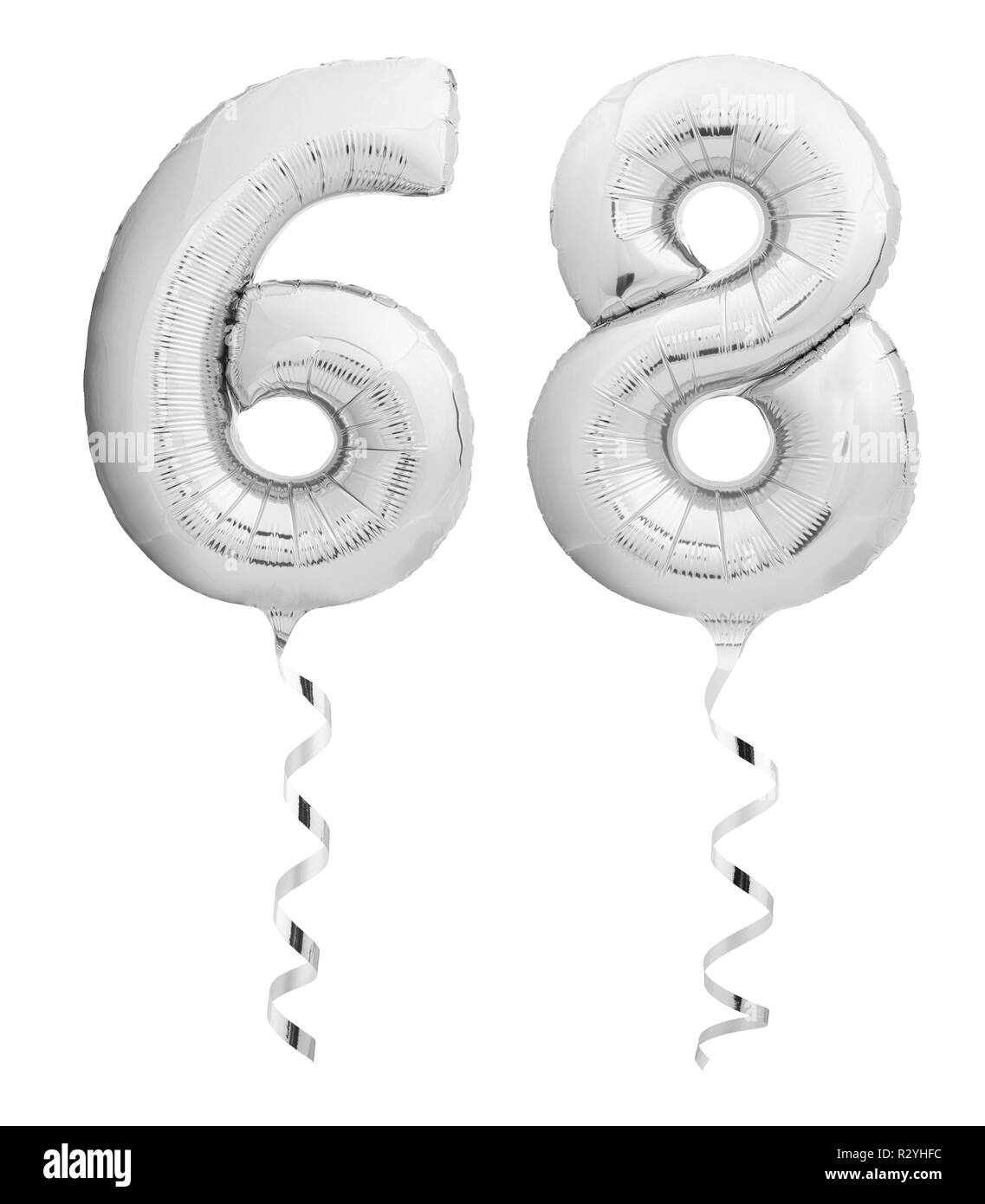 Silver chrome sixty eight 68 made of inflatable balloon with ribbon on white Stock Photo